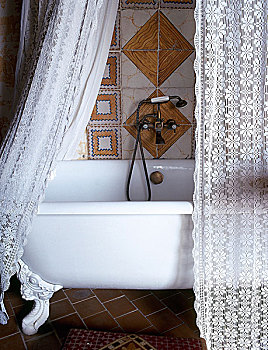 特写,传统,乡村风格,浴室,单独,上面,浴帘,地砖