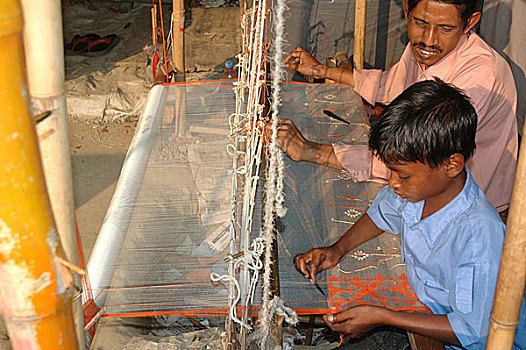编织,纱丽,布,家人,工艺,造型,几何,达卡,孟加拉,二月,2008年