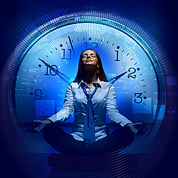 年轻,职业女性,坐,蓝色背景,钟表,界面