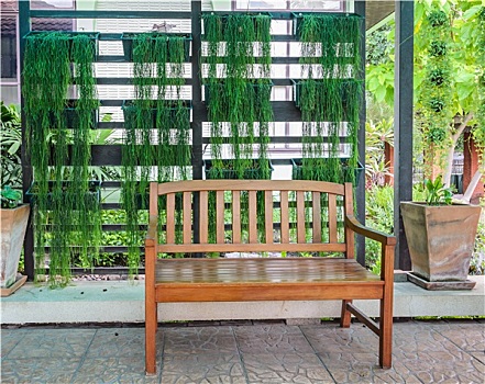 木质,内庭,长椅,绿色,植物,背景