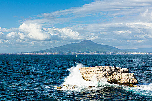 石头,海岸,索伦托,半岛,海湾地区,那不勒斯,壮观,火山,山,维苏威火山,背景,伊特鲁里亚海,意大利