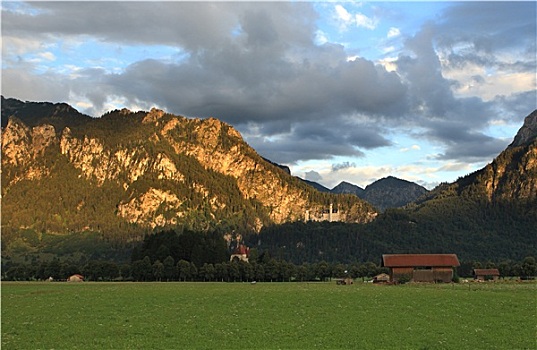农舍,绿色,地点,山,背景,日落,巴伐利亚