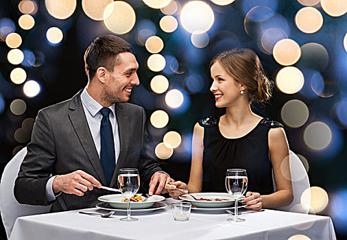 餐馆,情侣,假日,概念,微笑,吃饭,主菜