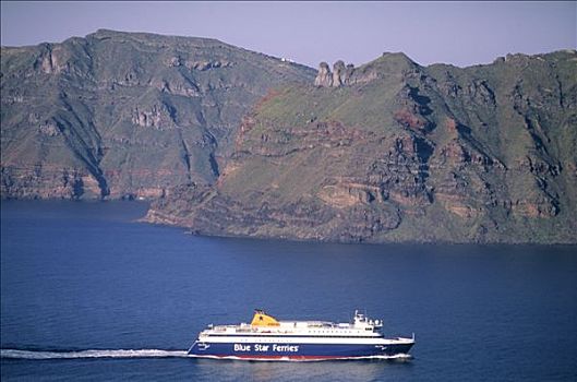 希腊,基克拉迪群岛,圣托里尼岛,渡船,离开,锡拉岛,港口