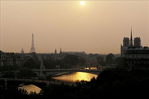 法国,巴黎,赛纳河,码头,日落