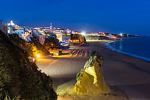 俯视图,局部,老城,光亮,夜晚,阿尔布斐拉,阿尔加维,葡萄牙
