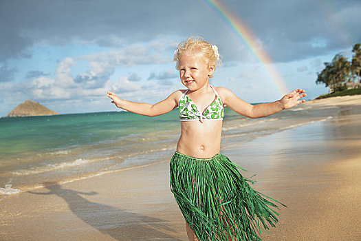 夏威夷,瓦胡岛,女孩,草裙,跳舞,海滩,彩虹,背景