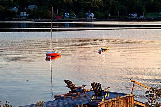 草坪椅,码头,帆船,日落,河,新斯科舍省,加拿大