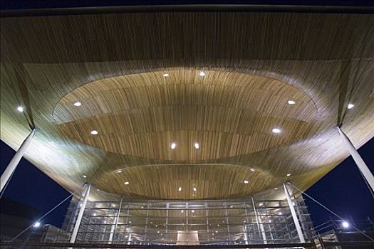 威尔士国民议会,盖屋顶细节,黎明