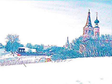 鄉(xiāng)村,教堂,風景,插畫,Country,church,landscape,illustrations