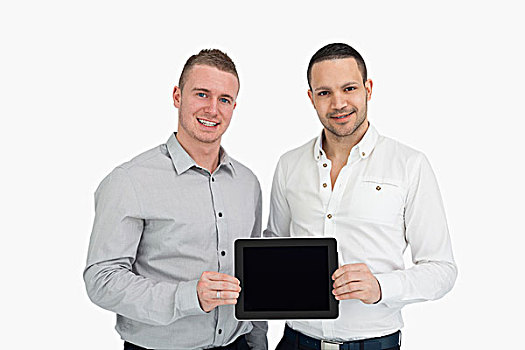 两个,微笑,男人,拿着,平板电脑,白色背景