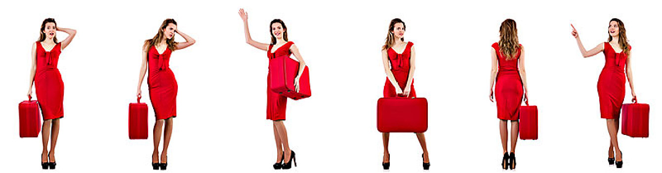 美女,红裙,手提箱,隔绝,白色背景