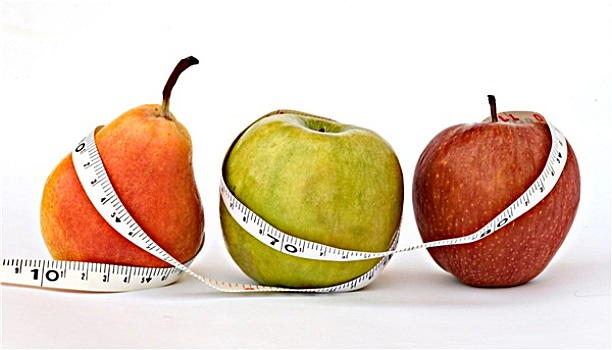 梨,苹果,卷尺,隔绝,白色背景
