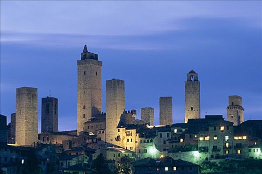 城镇,天际线,中世纪,塔,夜景,圣吉米尼亚诺,托斯卡纳,意大利