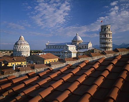 砖瓦,屋顶,中央教堂,洗礼堂,斜塔,比萨,托斯卡纳,意大利