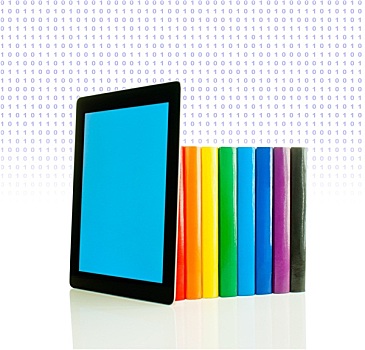 排,彩色,书本,平板电脑,上方,白色背景