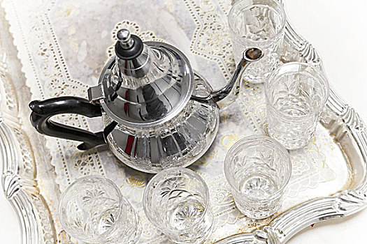 摩洛哥,茶,金属,阿拉伯,茶壶,玻璃杯