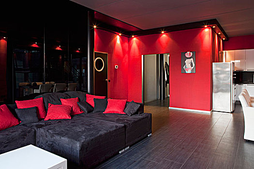 沙发,组合,暗色,影象,墙壁,红墙,天花板,聚光灯,阁楼,公寓