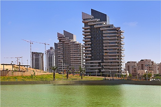 复杂,现代,住宅建筑,人工湖,城市公园,阿什杜德,以色列