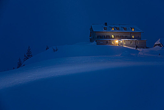 阿尔卑斯小屋,冬天,山,巴伐利亚阿尔卑斯山,巴伐利亚,德国