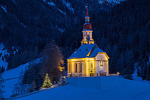 光亮,山,教堂,雪,夜光,提洛尔,奥地利,欧洲