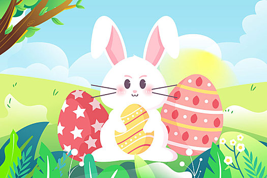 复活节彩蛋春天兔子在森林草地快乐玩耍插画