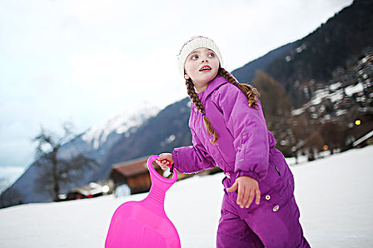 法国,5岁,小女孩,滑雪橇,山,冬天