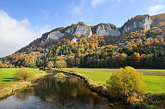 景色,多瑙河,山,秋天,山谷,地区,巴登符腾堡,德国,欧洲