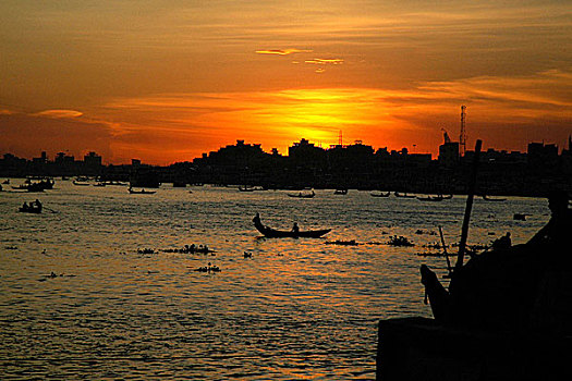 日落,上方,达卡,城市,孟加拉,八月,2006年