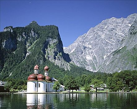 小教堂,湖,阿尔卑斯山,贝希特斯加登地区,巴伐利亚,德国