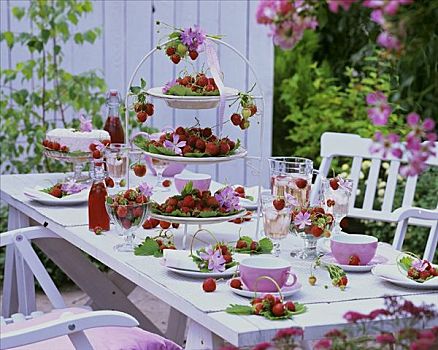 户外桌,咖啡,草莓,锦葵属植物,花