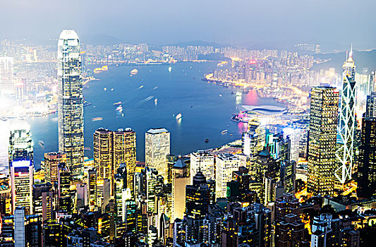 香港,城市,夜晚,维多利亚港,大量,高层建筑
