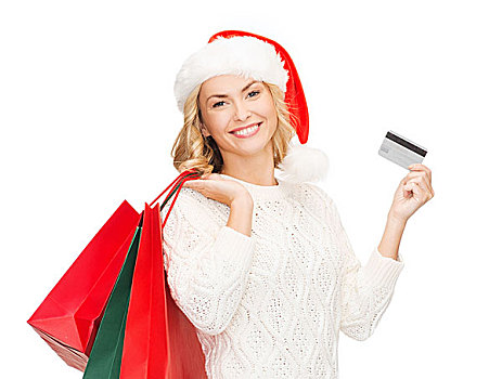 销售,礼物,圣诞节,圣诞,概念,微笑,女人,圣诞老人,帽子,购物袋,信用卡