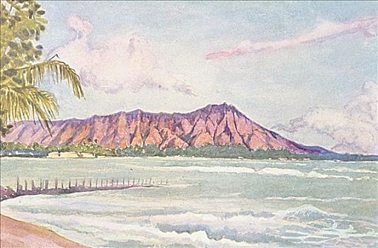 档案,艺术,夏威夷,瓦胡岛,怀基基海滩,插画,钻石海岬,蓝色,海洋