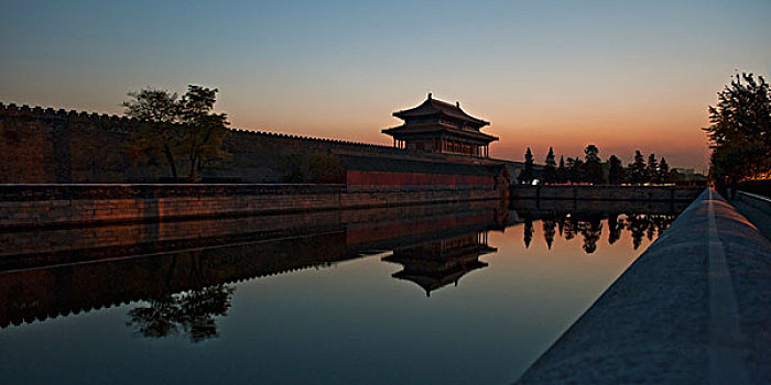 日落,上方,护城河,大门,神圣,故宫,北京,中国