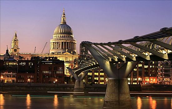 圣保罗大教堂,千禧桥,黄昏,风景,南方,银行,泰晤士河,伦敦,英格兰,英国