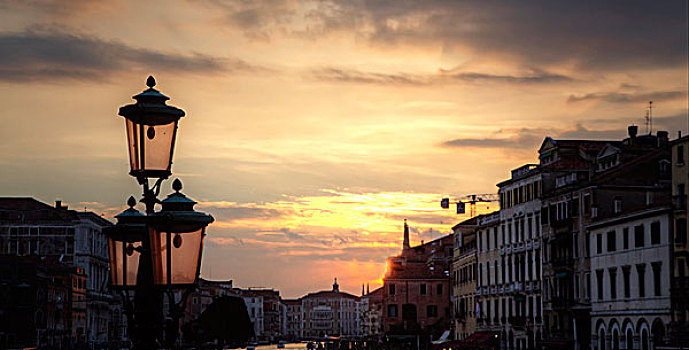 日落,夜光,威尼斯,路灯柱,意大利