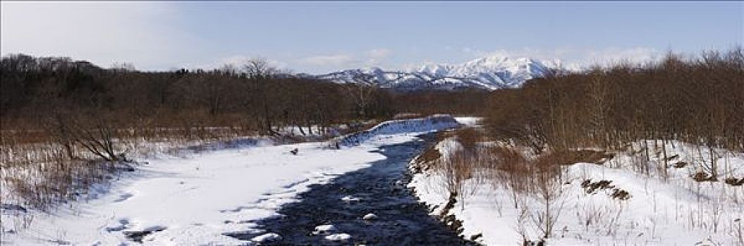 河流,雪景,知床半岛,北海道,日本