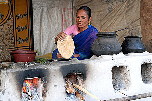 印度,周末,市场,乡村,宿营,食物,烹饪,风景,图像,新鲜,面包,木头,火,二月,2007年