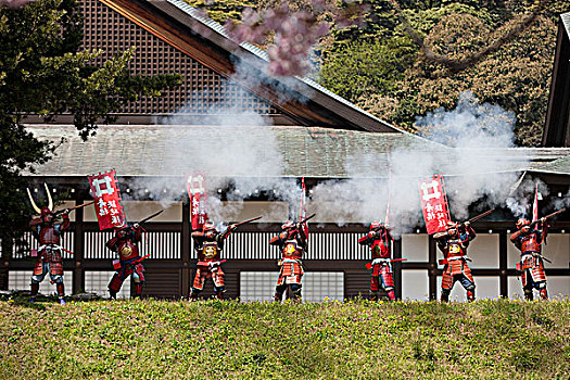 武士,表演,古老,城堡,滋贺,日本