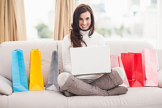 黑发,网上购物,笔记本电脑,沙发