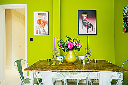 烛台,花束,老式,桌子,仰视,现代,框架,海报,绿色,墙壁
