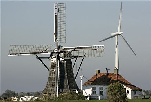 历史,风车,现代,风轮机,背景,弗里斯兰省,荷兰,欧洲