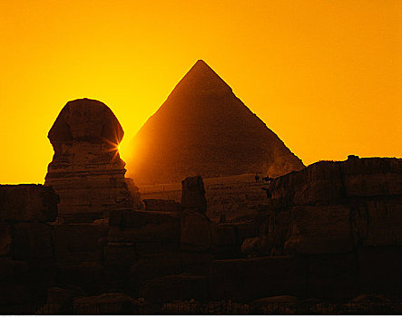 狮身人面像,切夫伦金字塔,日落,吉萨金字塔,埃及