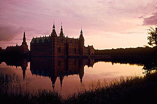 城堡,日落,希勒罗德,丹麦,斯堪的纳维亚