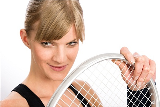 网球手,女人,年轻,微笑,拿着,球拍
