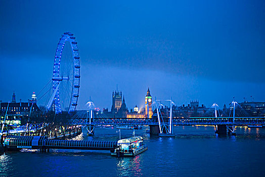 英格兰,伦敦,伦敦眼,大本钟,黃昏