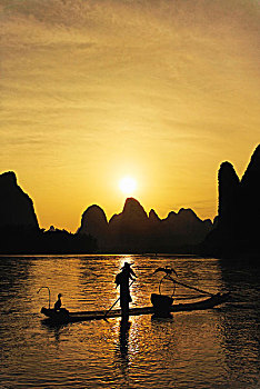 传统,渔民,鸬鹚,喀斯特地貌,漓江,日落,靠近,桂林,中国