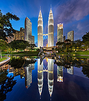 光亮,双子塔,建筑,吉隆坡,马来西亚,黄昏,反射,湖