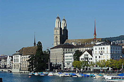 罗马式大教堂,教堂,堤岸,利马特河,苏黎世,瑞士,欧洲